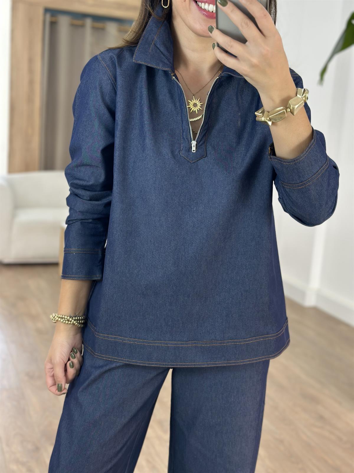 Fermuar Detaylı Denim Takım 