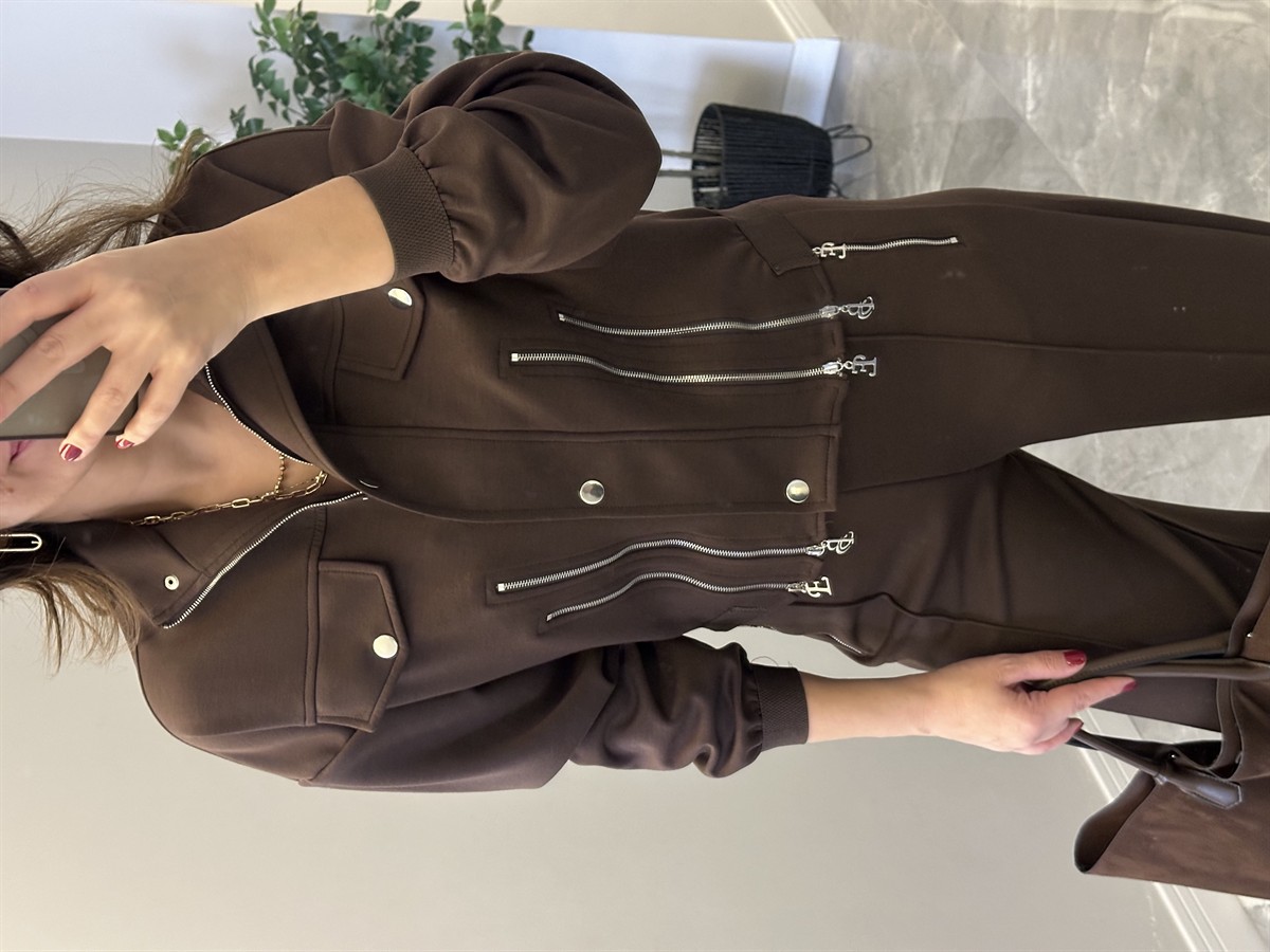 Fermuar Detaylı Premium Modal Takım - Kahverengi