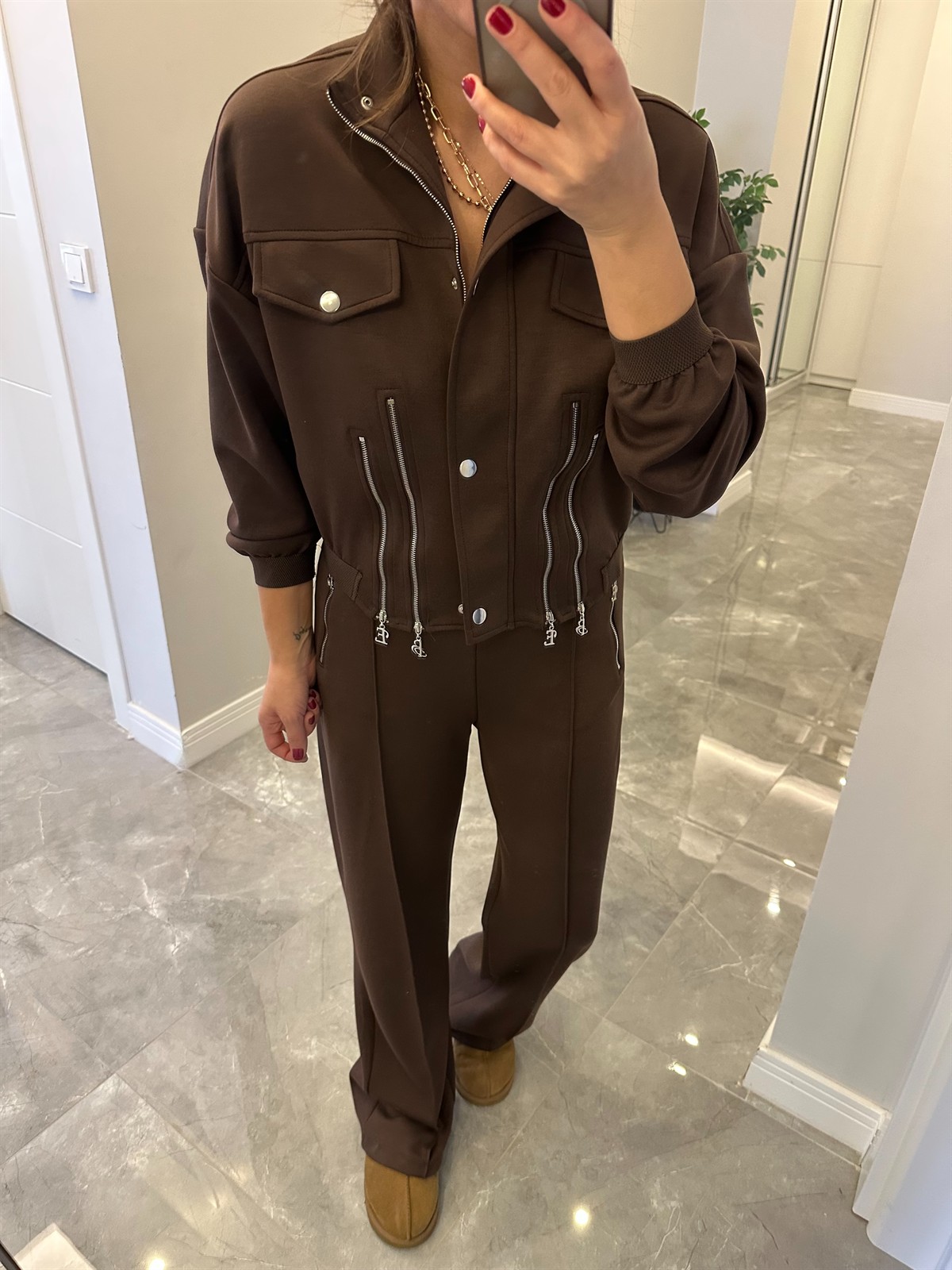 Fermuar Detaylı Premium Modal Takım - Kahverengi