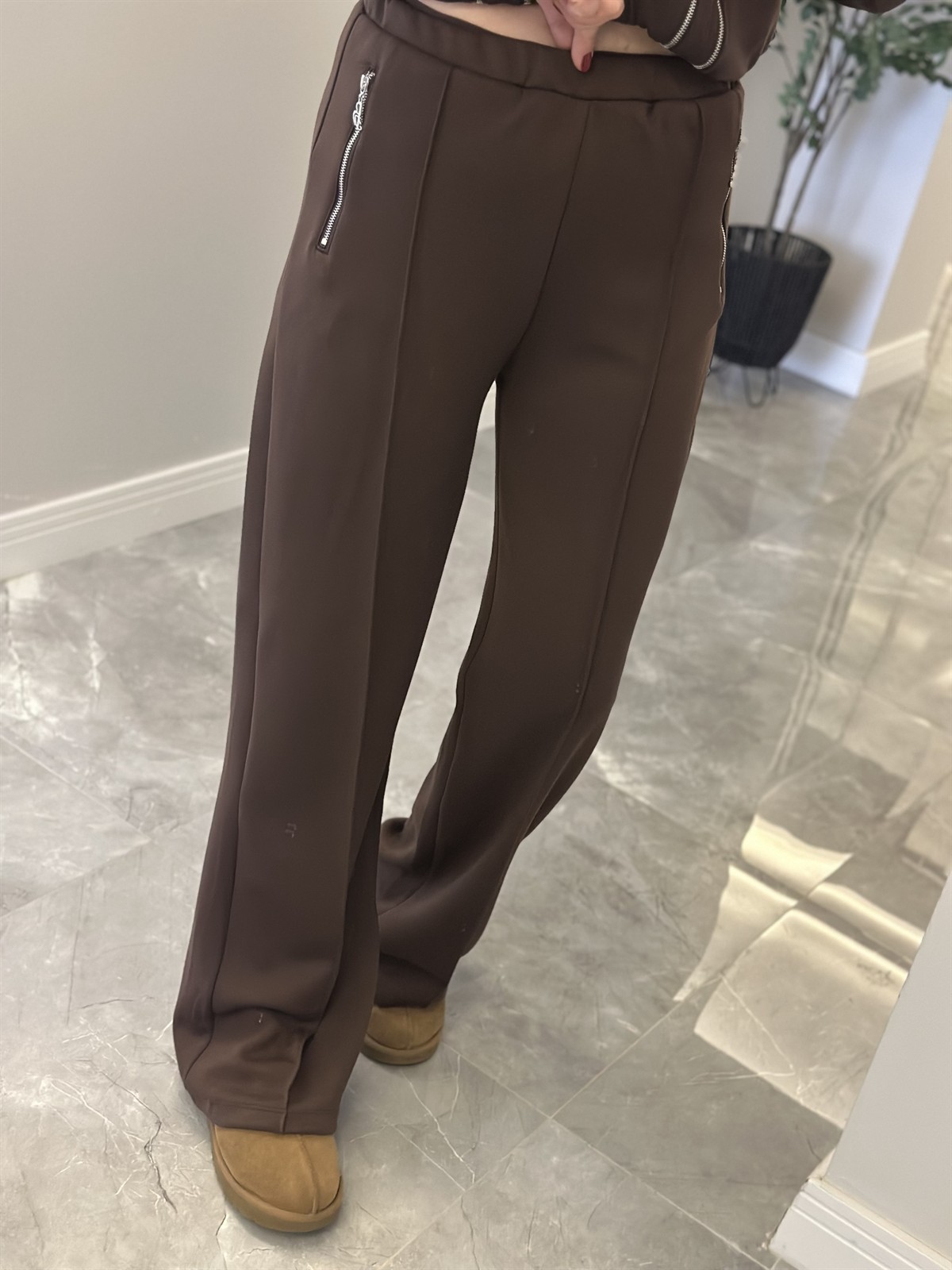 Fermuar Detaylı Premium Modal Takım - Kahverengi