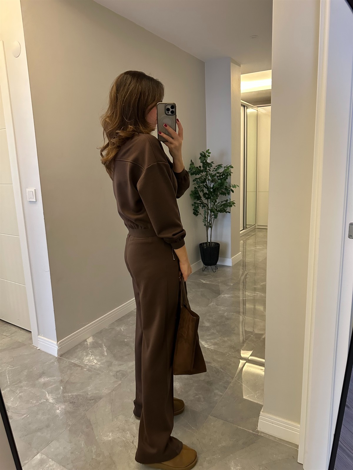 Fermuar Detaylı Premium Modal Takım - Kahverengi