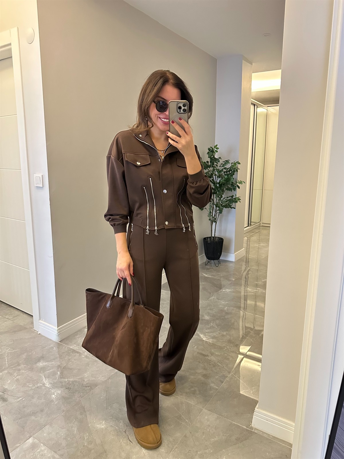 Fermuar Detaylı Premium Modal Takım - Kahverengi