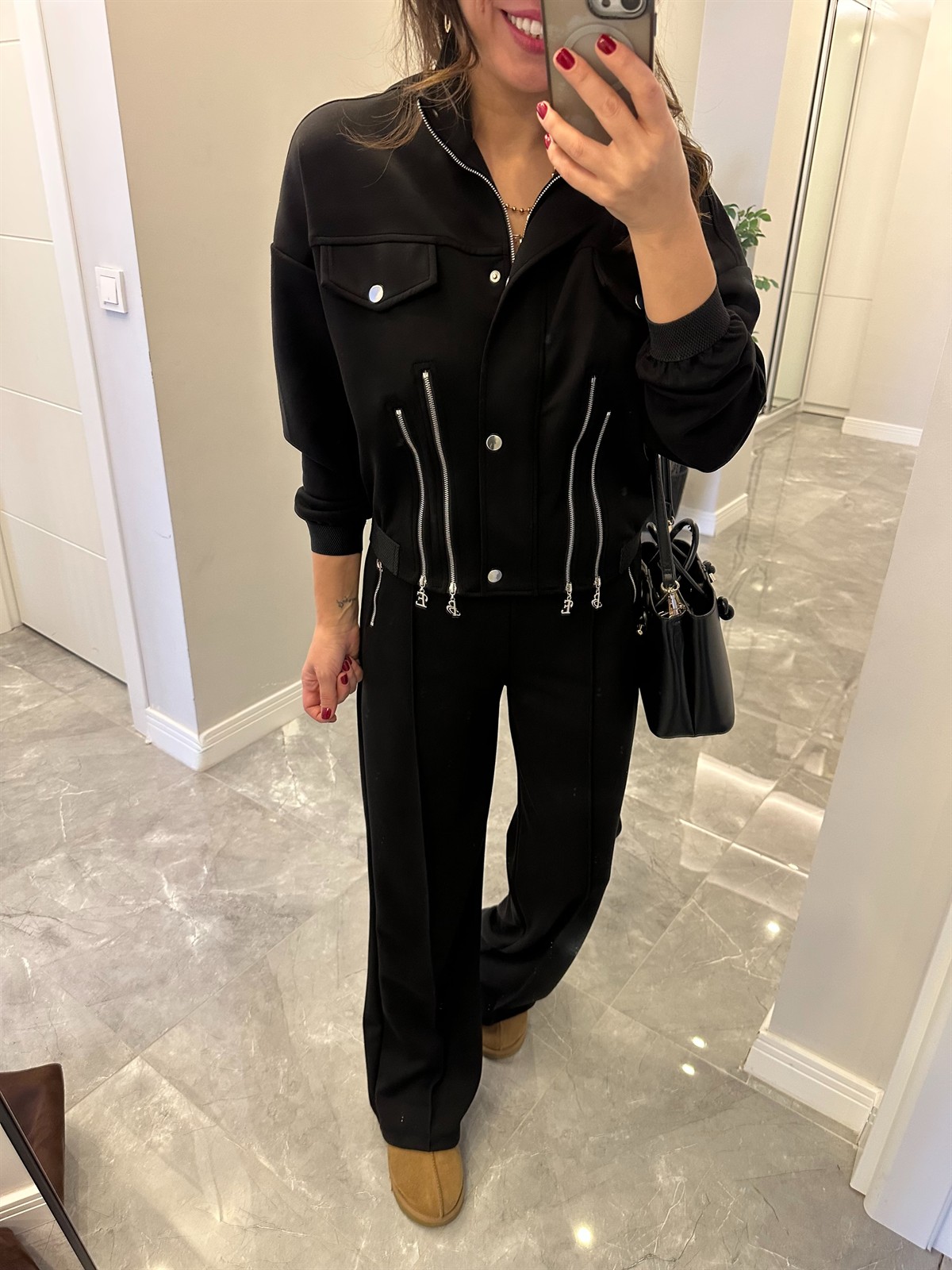 Fermuar Detaylı Premium Modal Takım - Siyah