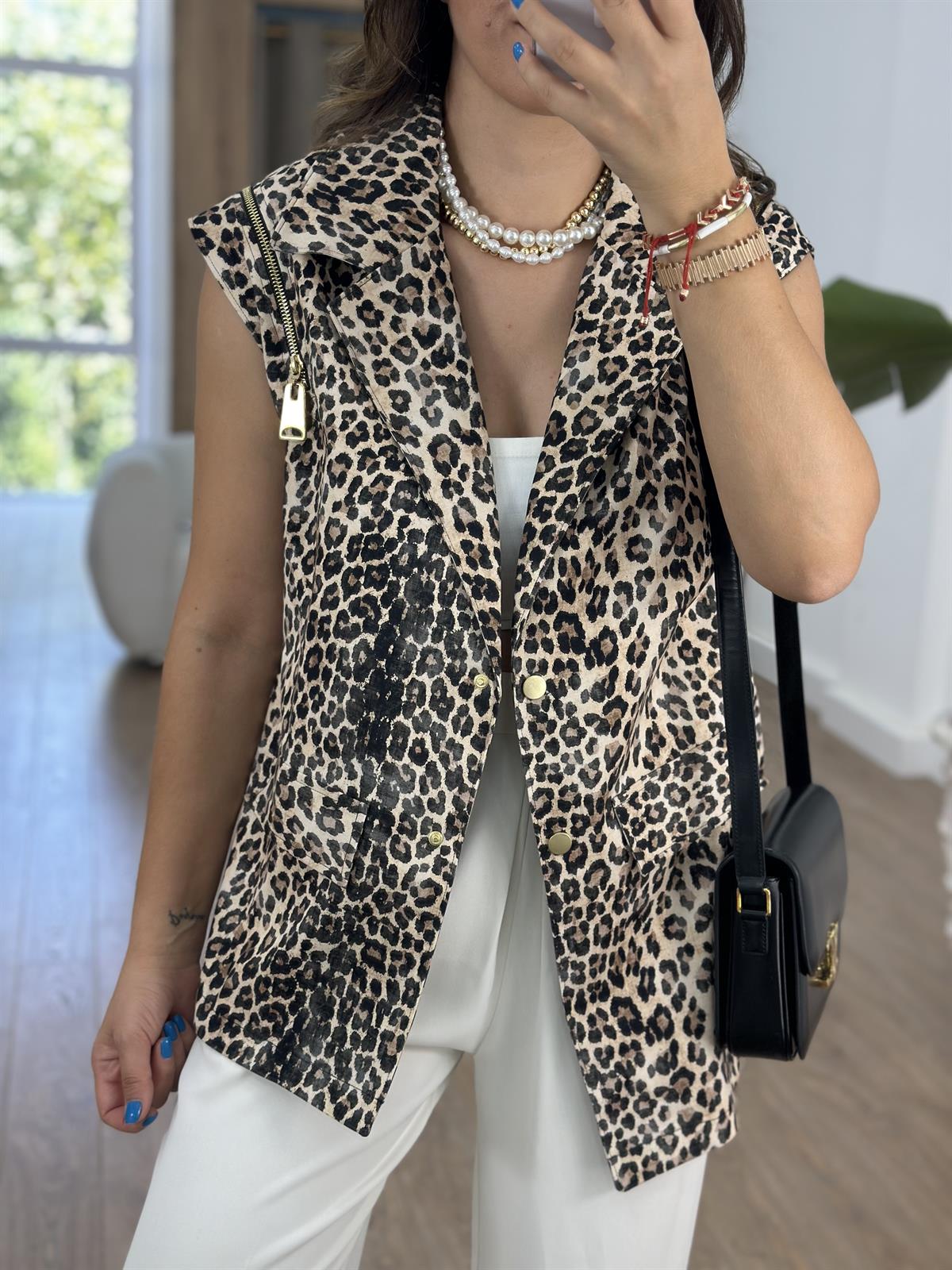 Fermuar Detaylı Tasarım Leopar Yelek