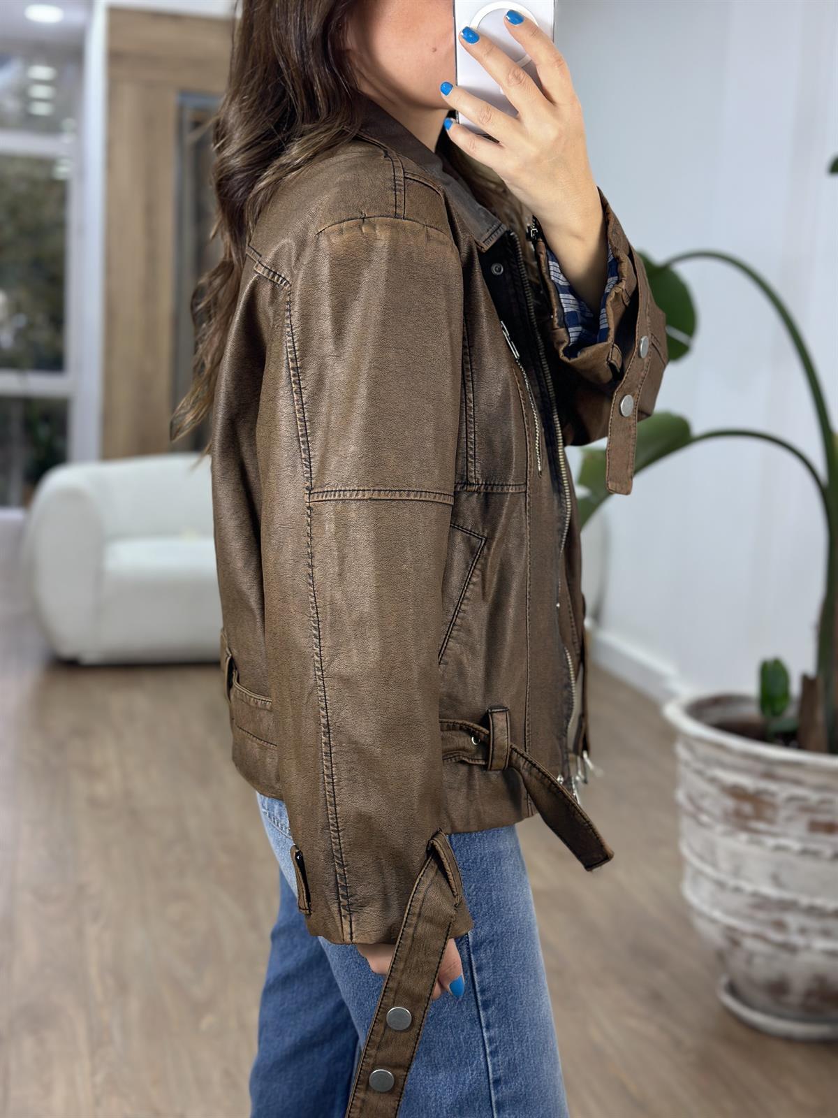 Fermuar Detaylı Vintage Deri Ceket