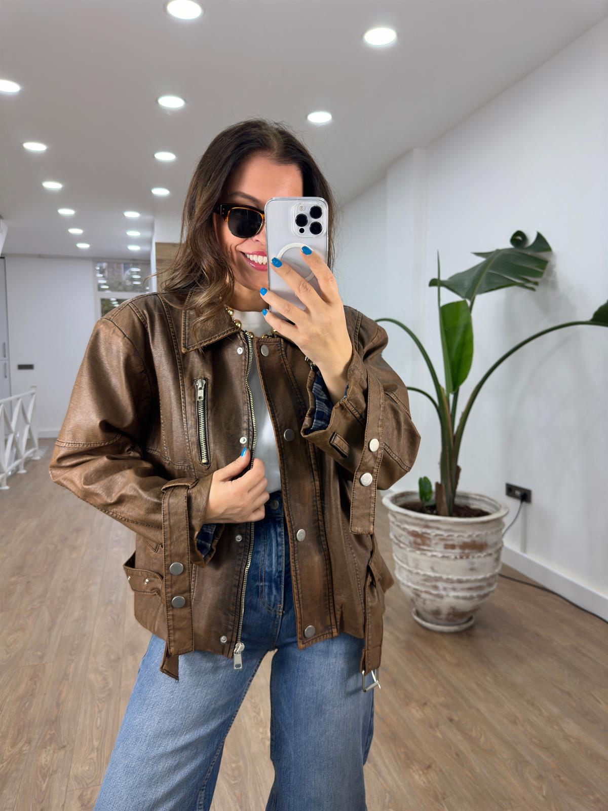 Fermuar Detaylı Vintage Deri Ceket