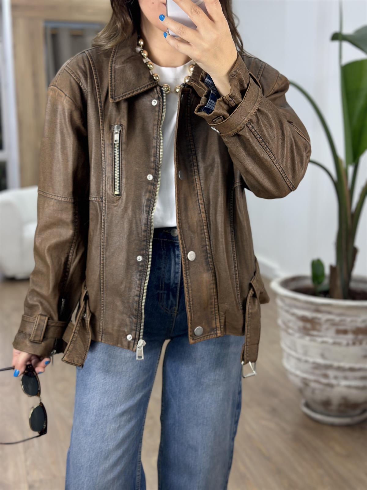 Fermuar Detaylı Vintage Deri Ceket