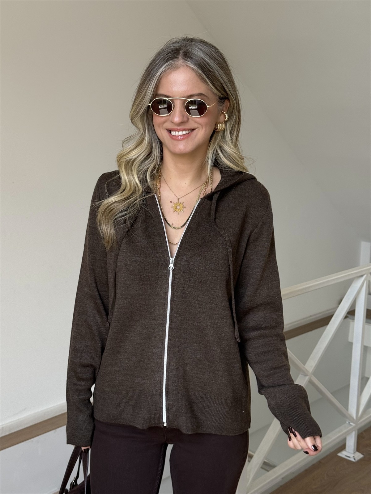 Fermuarlı Kapüşonlu Hırka - Kahverengi