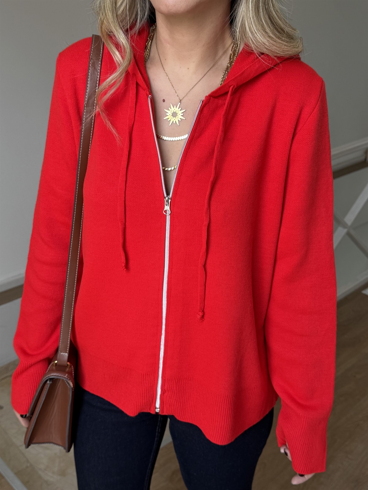 Fermuarlı Kapüşonlu Hırka - Kırmızı