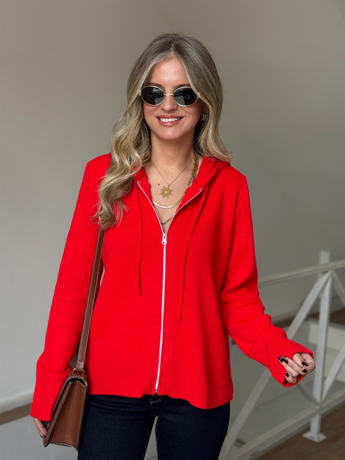 Fermuarlı Kapüşonlu Hırka - Kırmızı