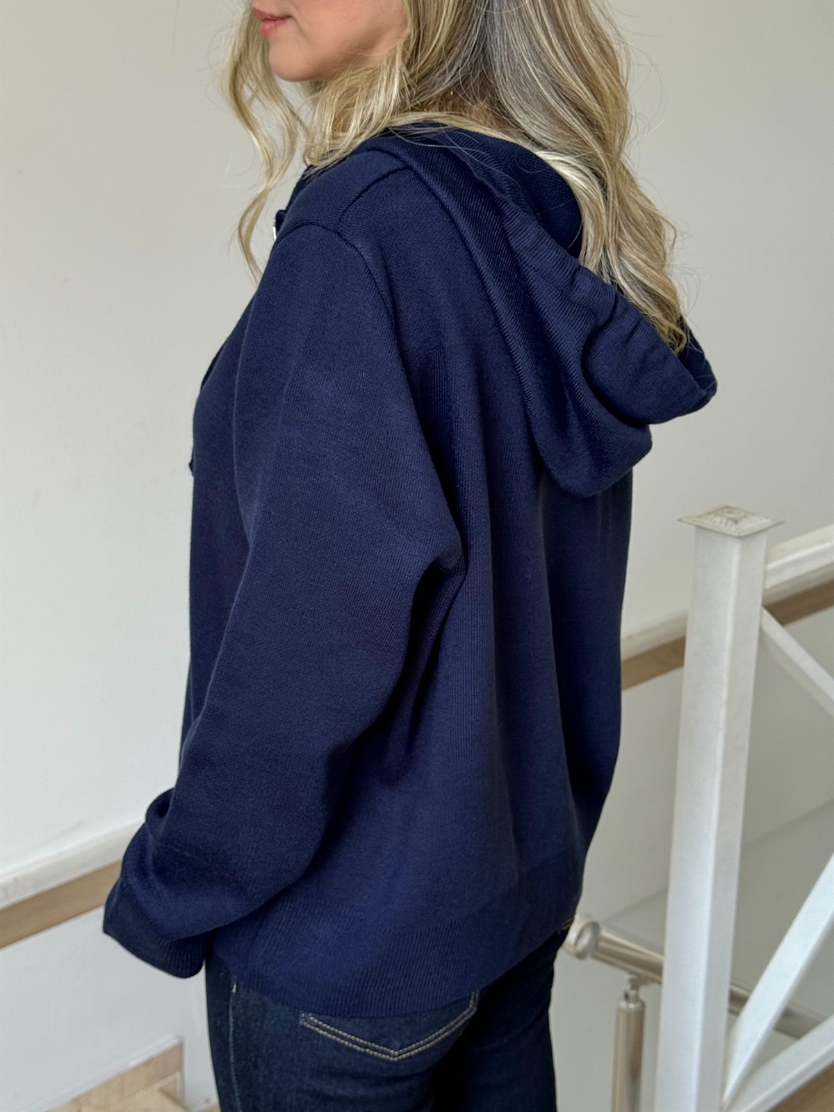 Fermuarlı Kapüşonlu Hırka - Lacivert