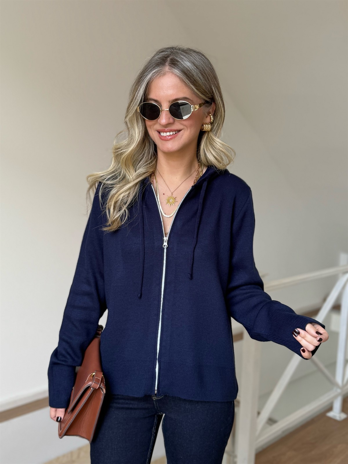 Fermuarlı Kapüşonlu Hırka - Lacivert