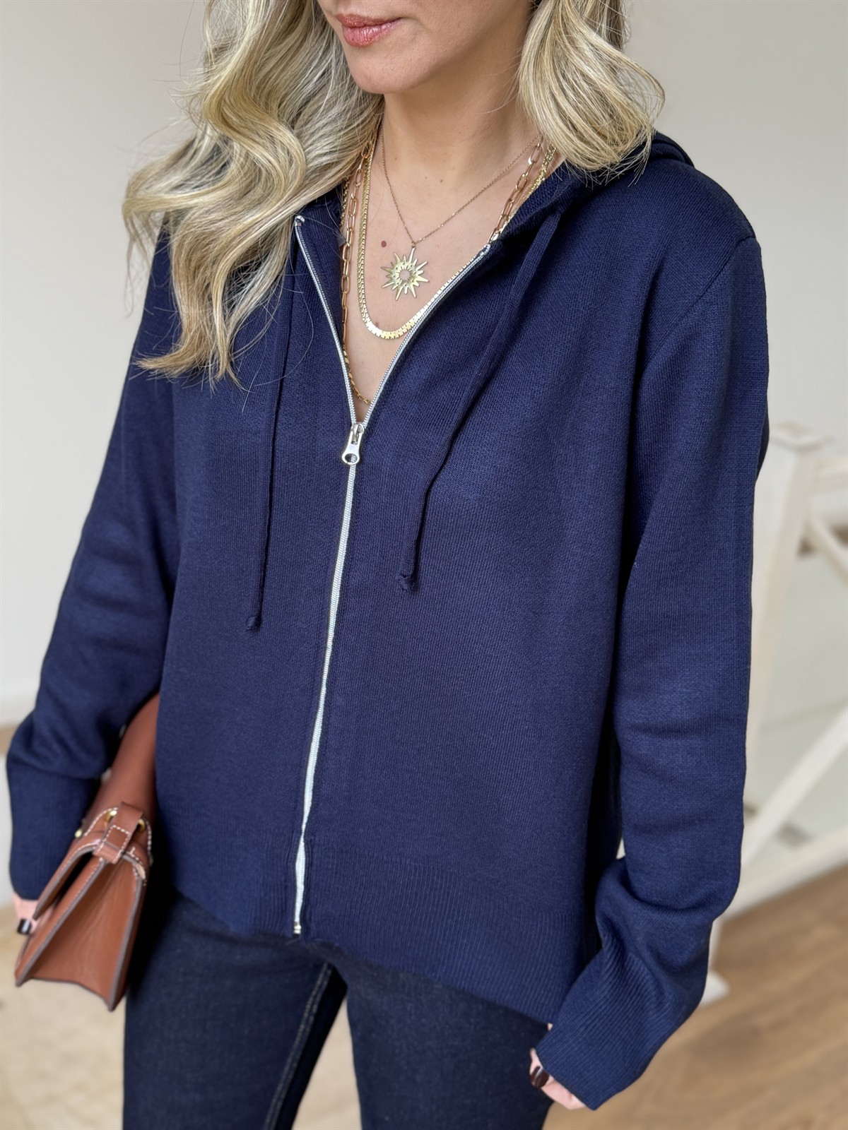 Fermuarlı Kapüşonlu Hırka - Lacivert