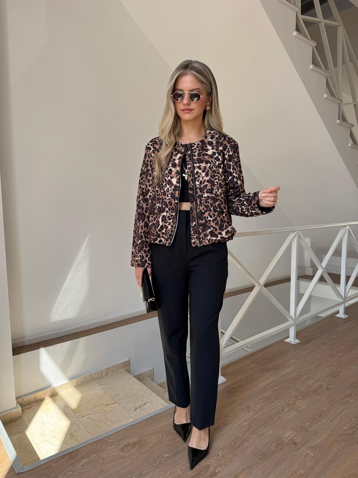 Fermuarlı Leopar Bomber Ceket