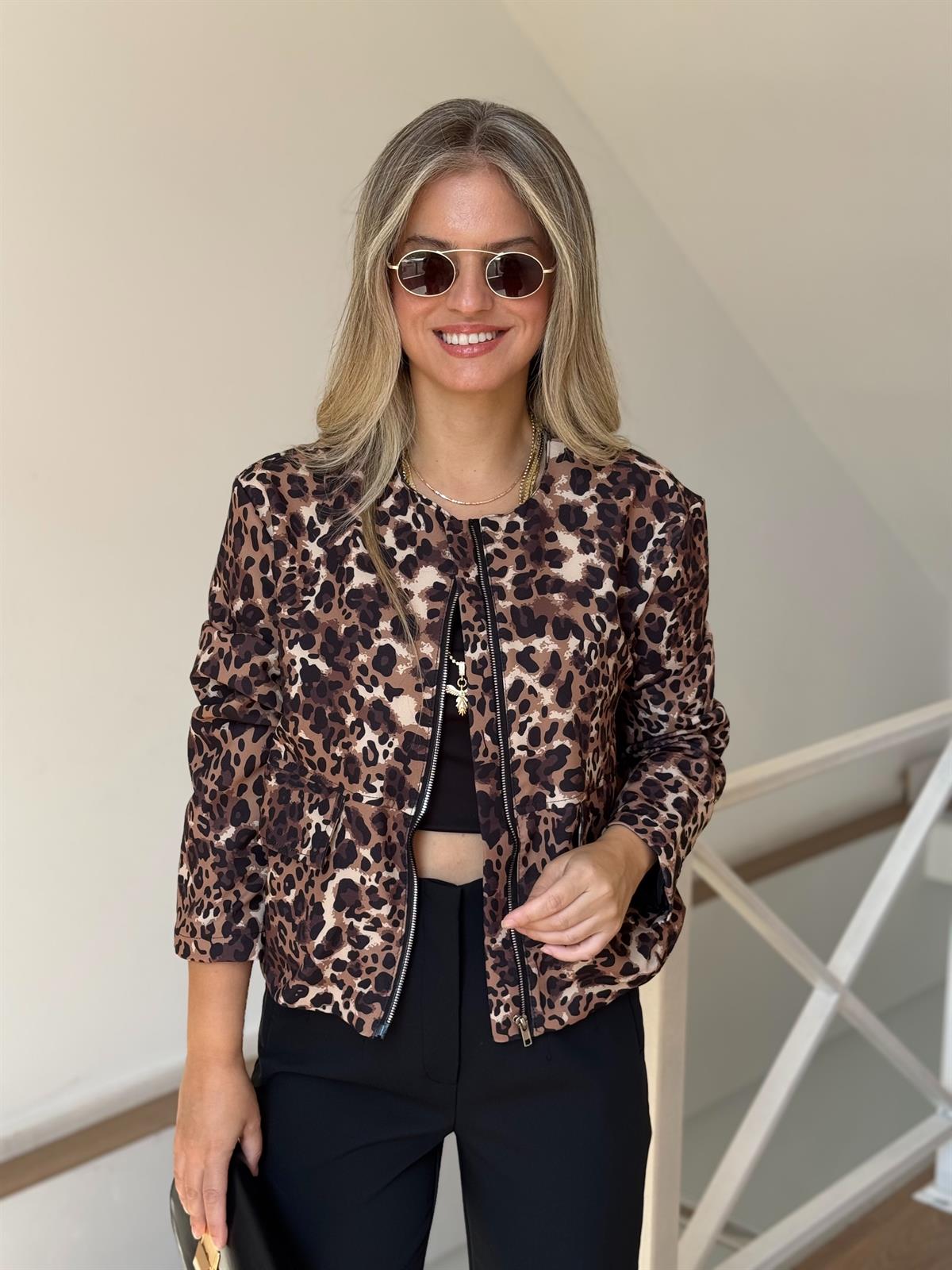 Fermuarlı Leopar Bomber Ceket
