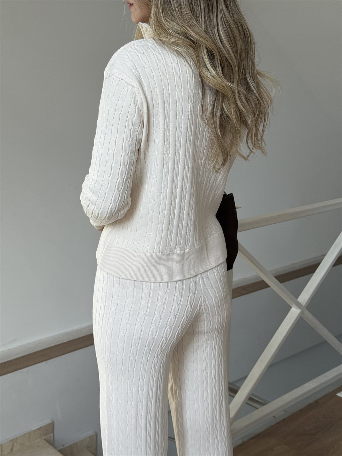 Fermuarlı Örgü Desen Triko Takım - Ekru