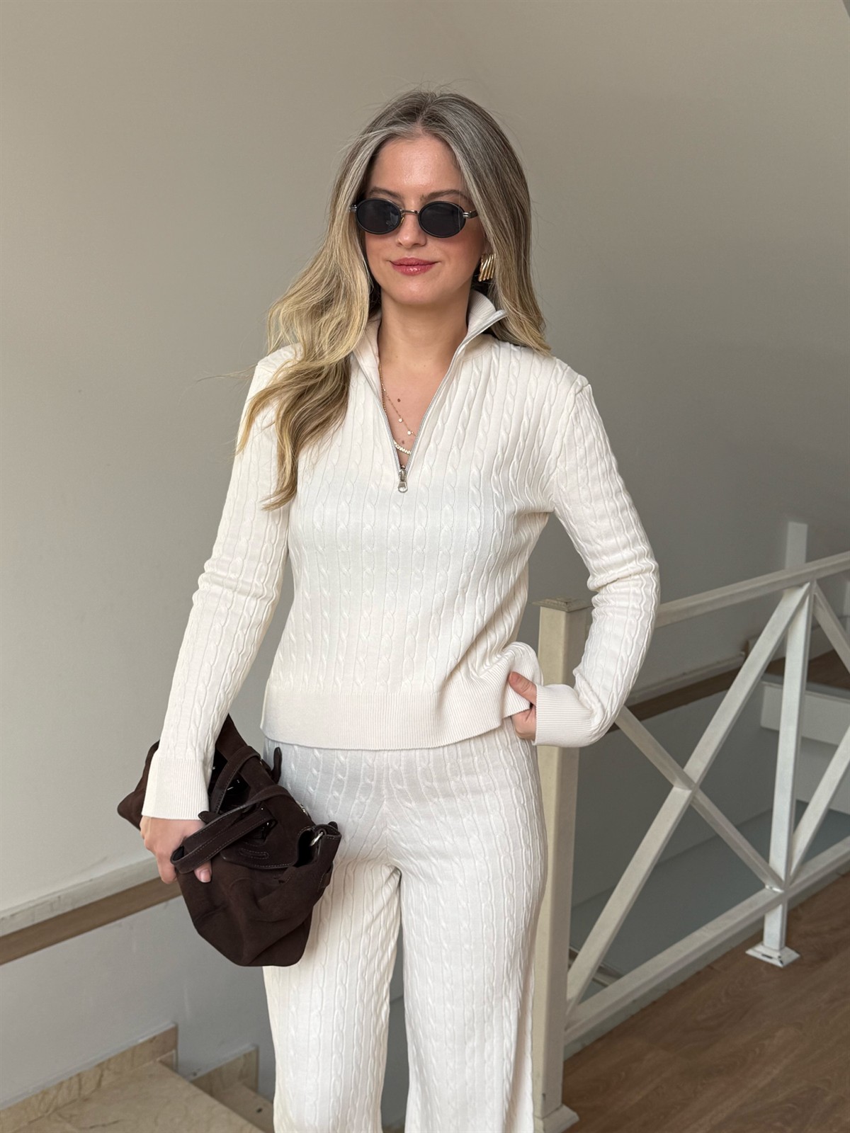 Fermuarlı Örgü Desen Triko Takım - Ekru