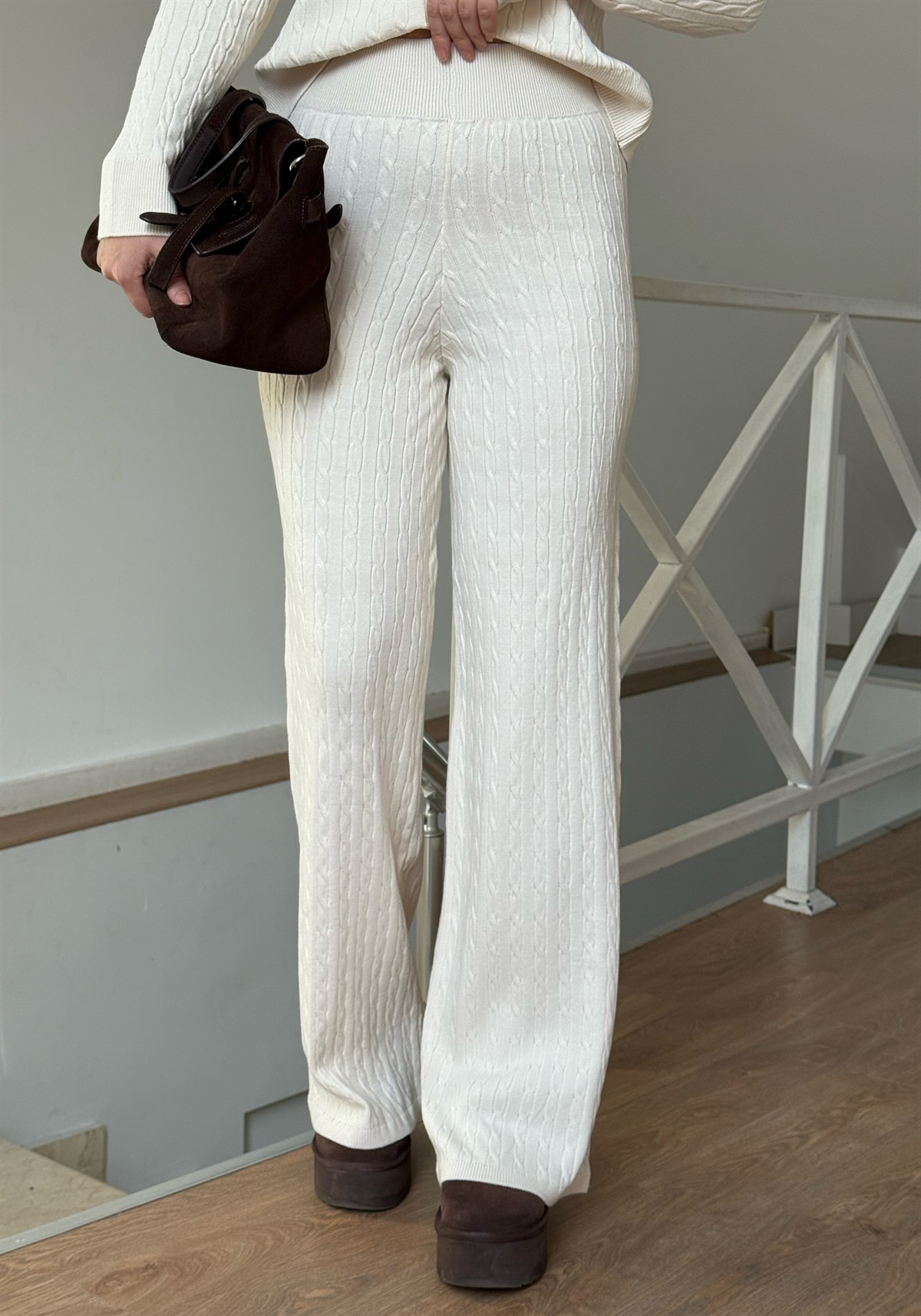 Fermuarlı Örgü Desen Triko Takım - Ekru