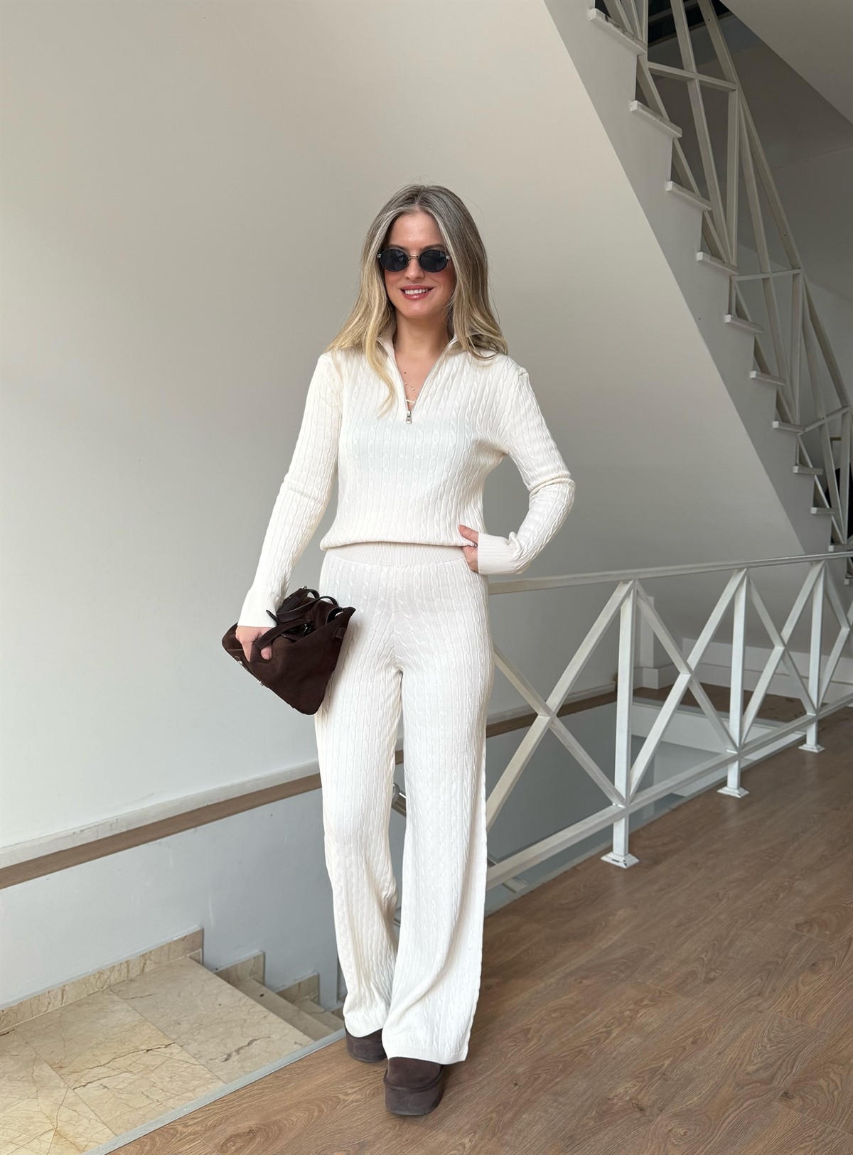 Fermuarlı Örgü Desen Triko Takım - Ekru