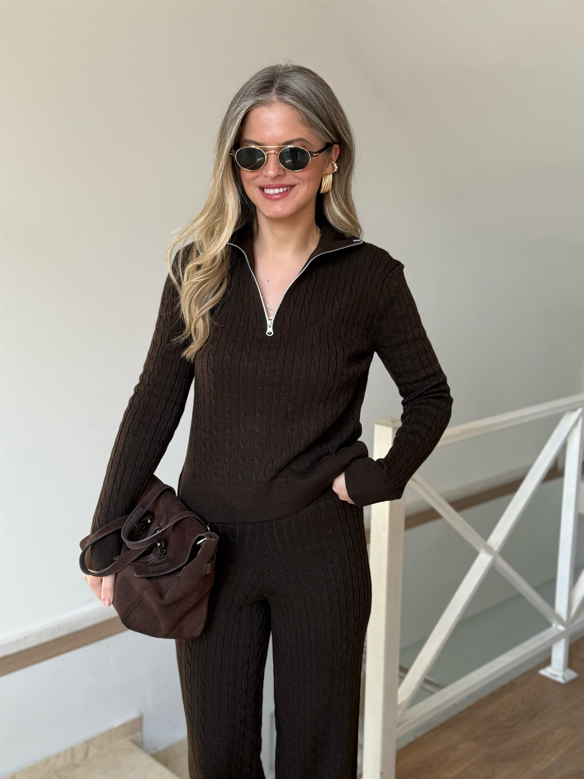 Fermuarlı Örgü Desen Triko Takım - Kahverengi