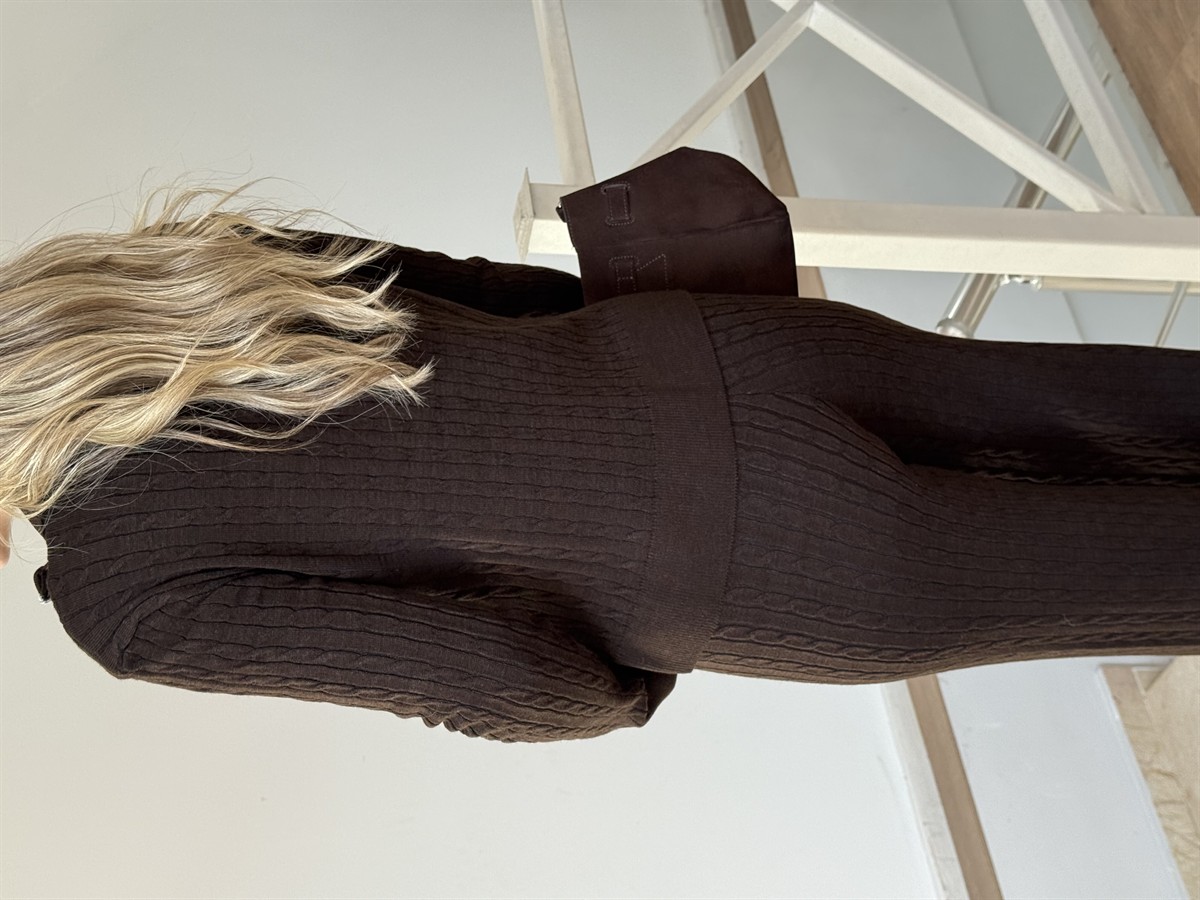 Fermuarlı Örgü Desen Triko Takım - Kahverengi