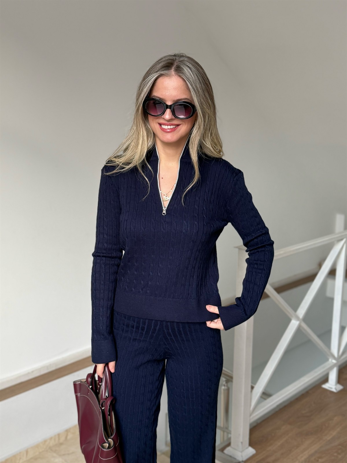 Fermuarlı Örgü Desen Triko Takım - Lacivert