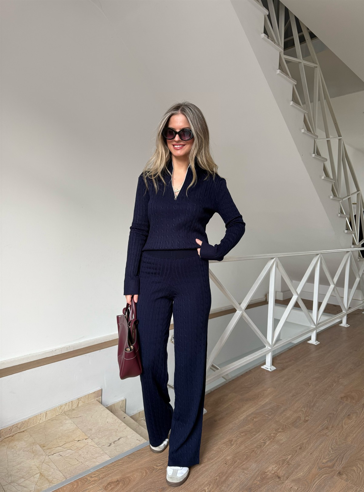 Fermuarlı Örgü Desen Triko Takım - Lacivert