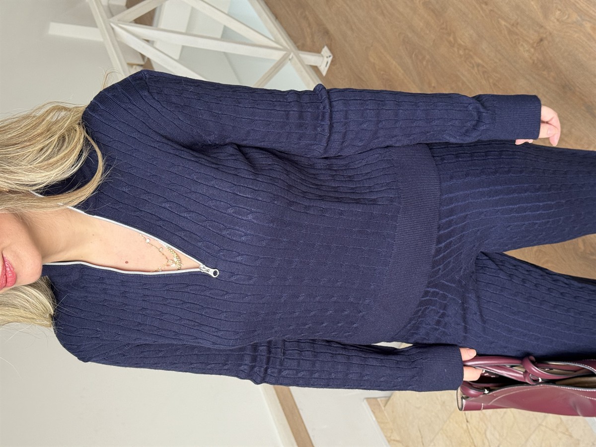 Fermuarlı Örgü Desen Triko Takım - Lacivert