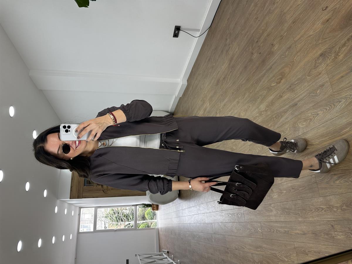 Fermuarlı Pantolon Ceket Takım - Kahverengi