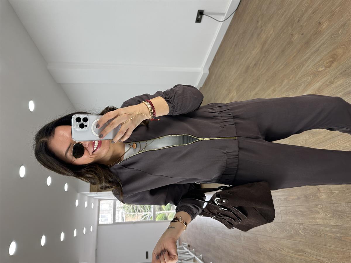 Fermuarlı Pantolon Ceket Takım - Kahverengi