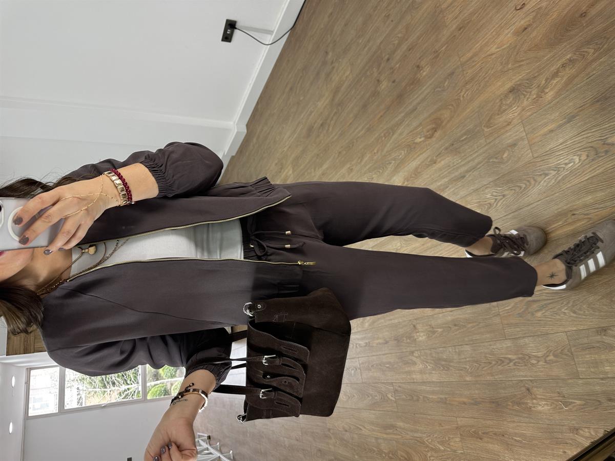 Fermuarlı Pantolon Ceket Takım - Kahverengi