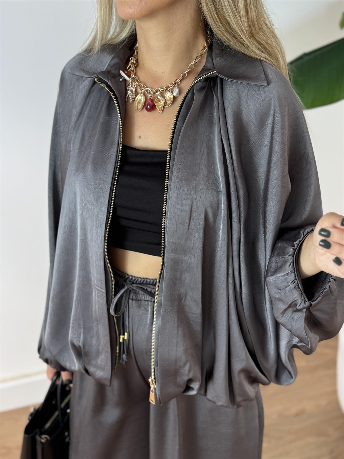 Fermuarlı Saten Bomber Ceket - Antrasit