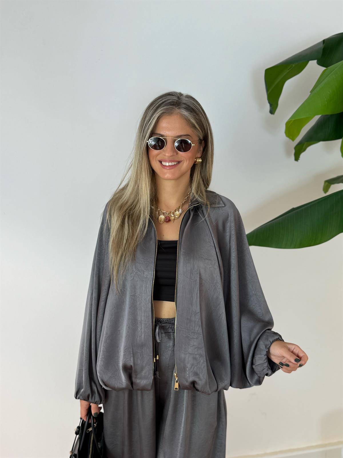 Fermuarlı Saten Bomber Ceket - Antrasit