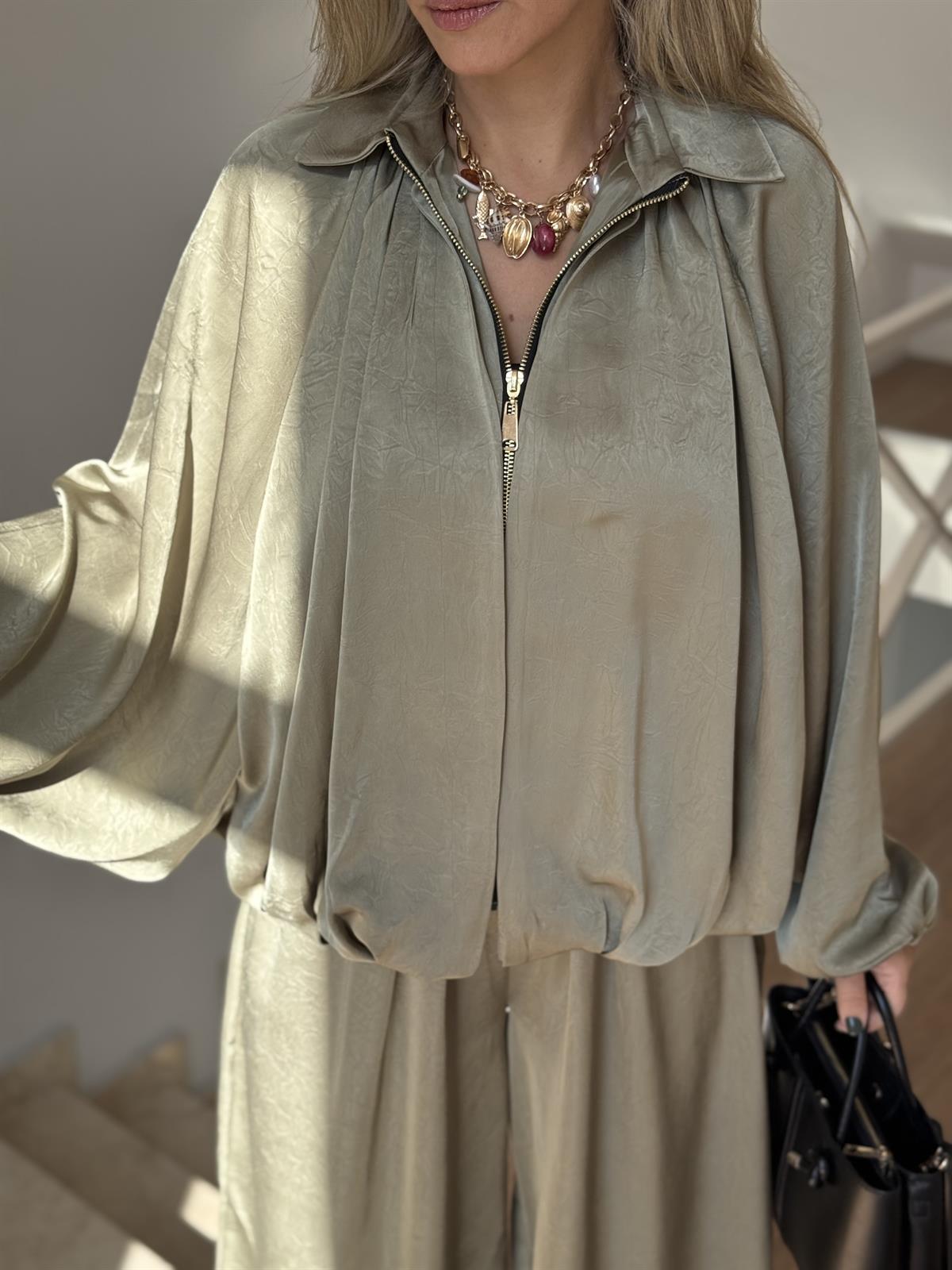 Fermuarlı Saten Bomber Ceket - Haki