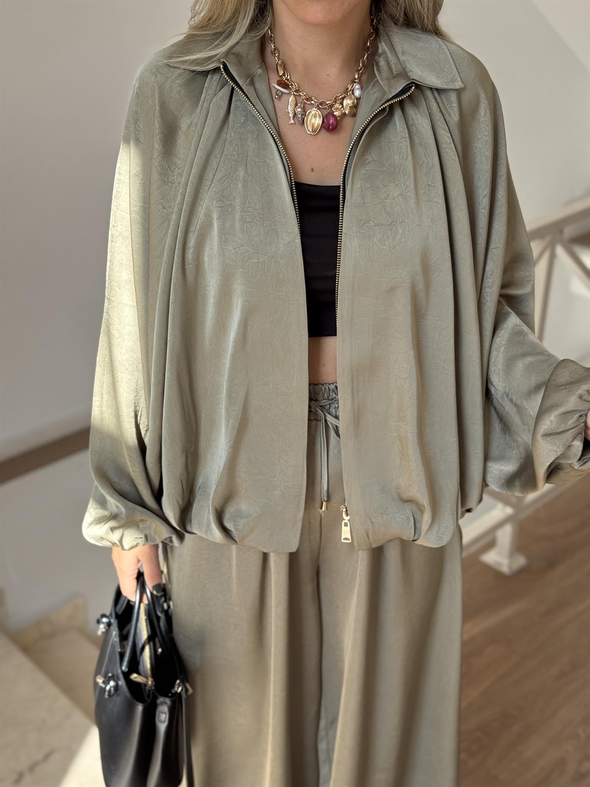 Fermuarlı Saten Bomber Ceket - Haki