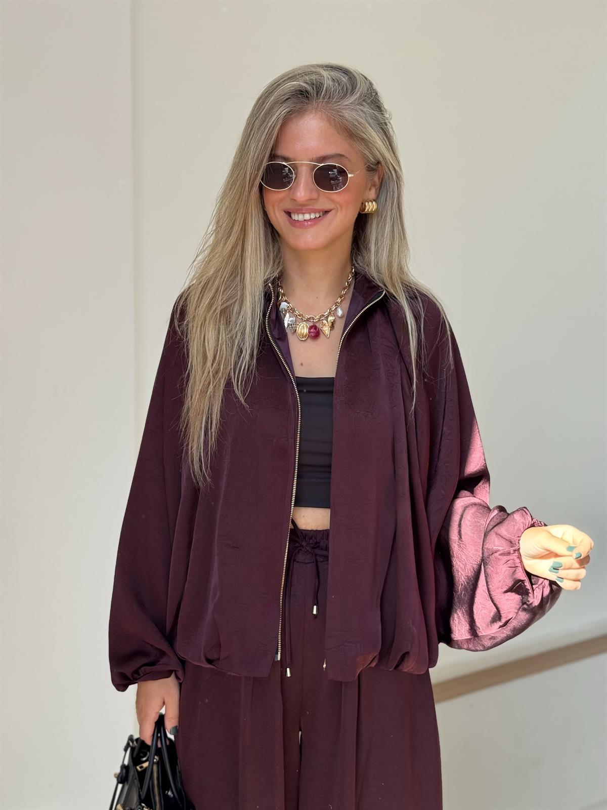 Fermuarlı Saten Bomber Ceket - Mürdüm