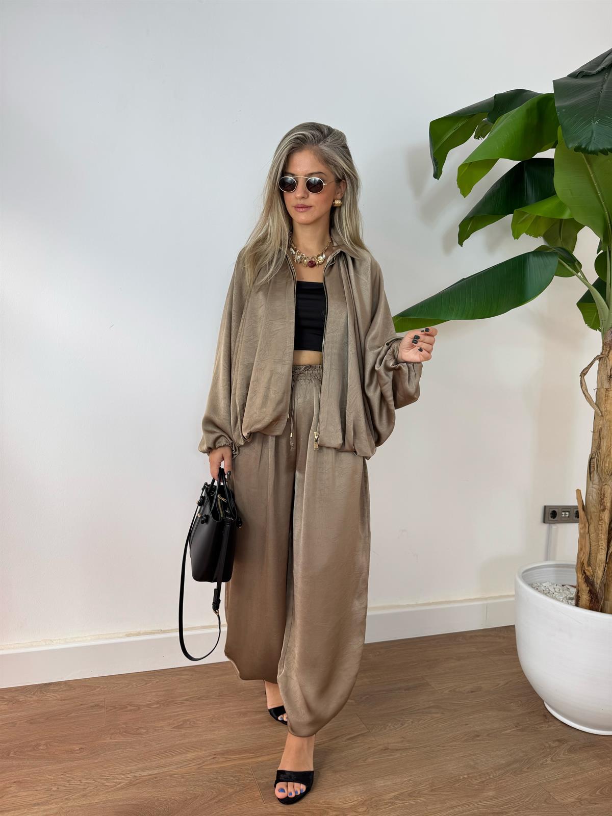 Fermuarlı Saten Bomber Ceket - Vizon