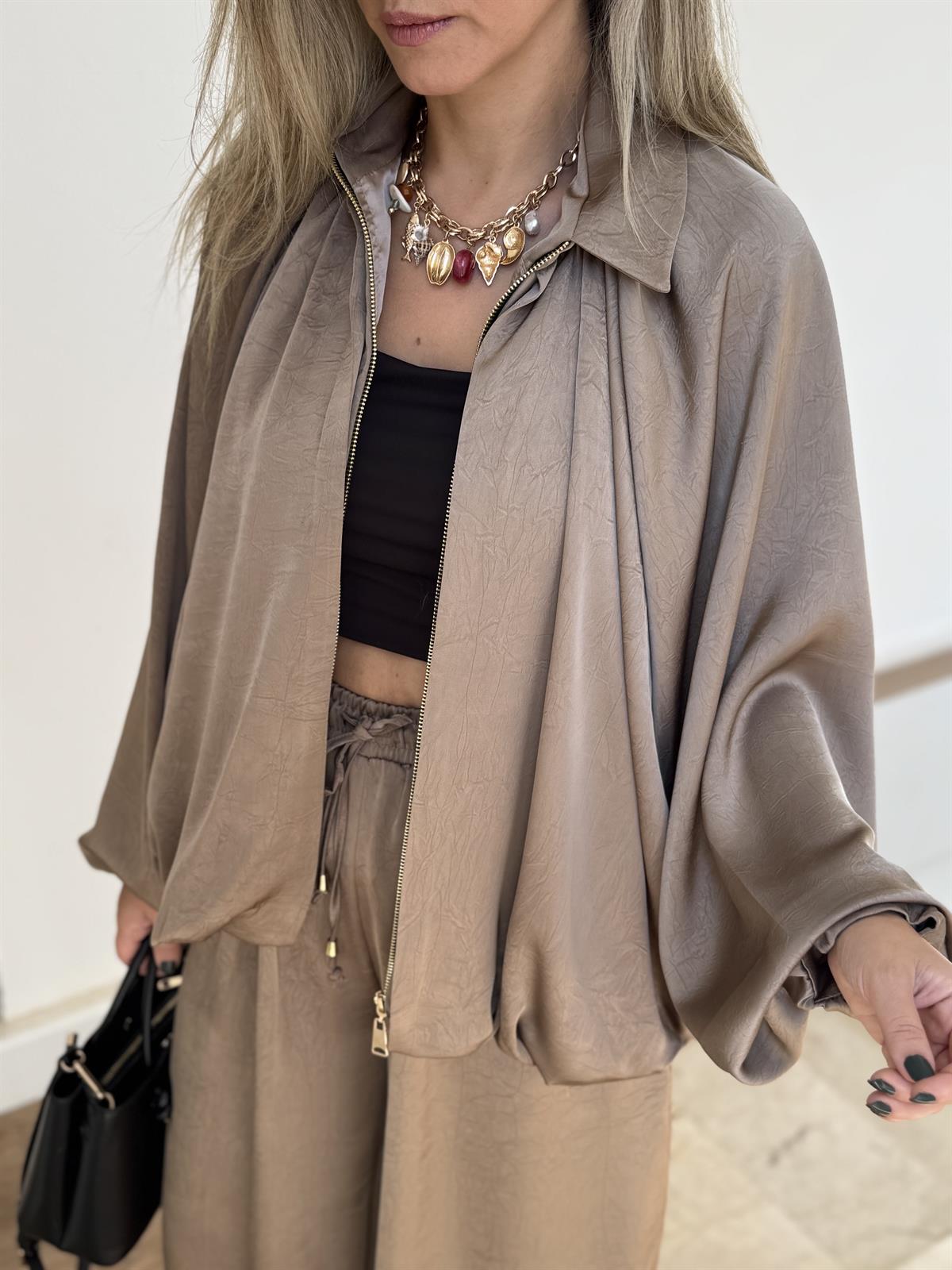 Fermuarlı Saten Bomber Ceket - Vizon