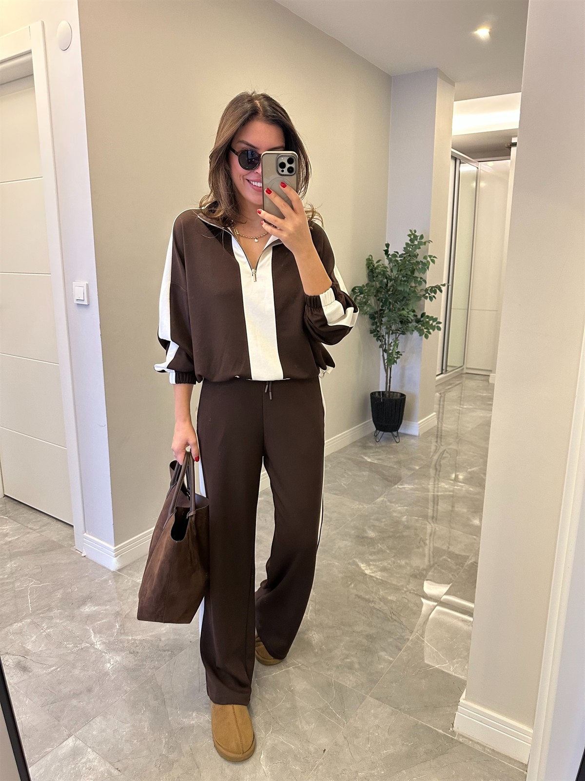 Fermuarlı Şerit Detay Bol Paça Takım - Kahverengi