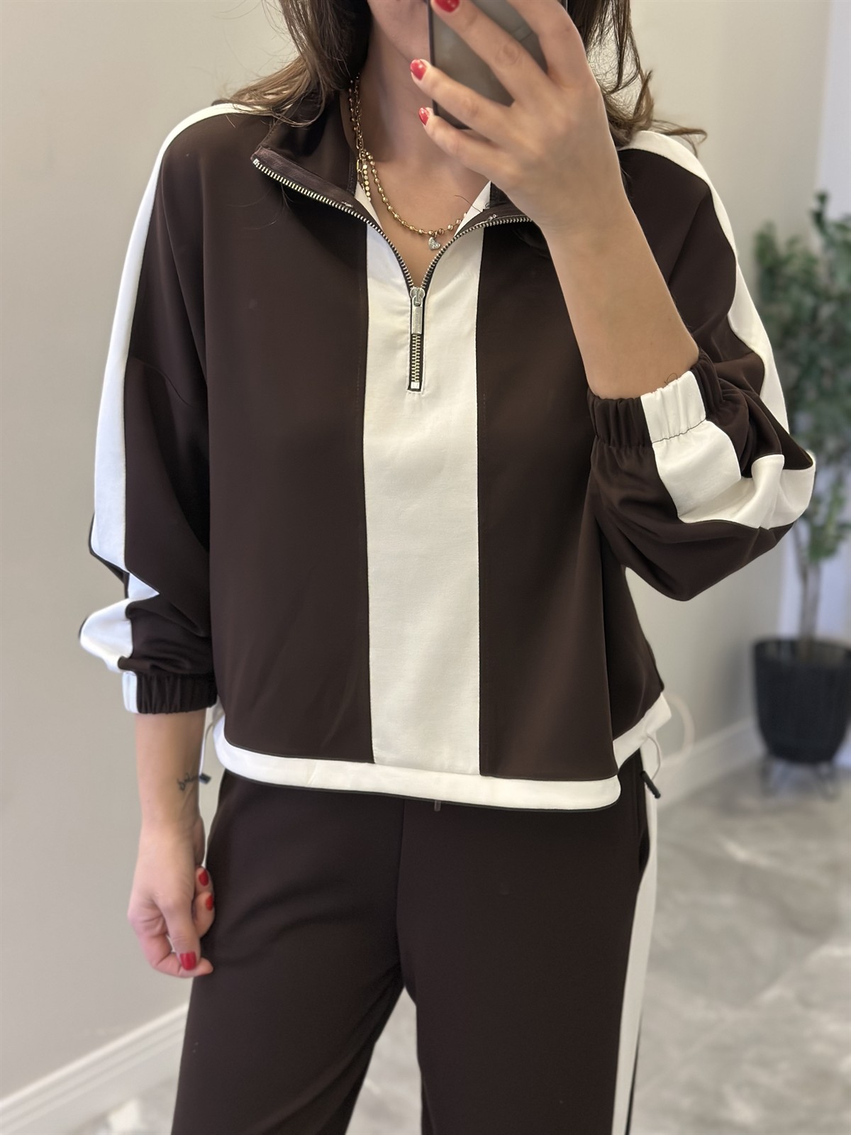 Fermuarlı Şerit Detay Bol Paça Takım - Kahverengi