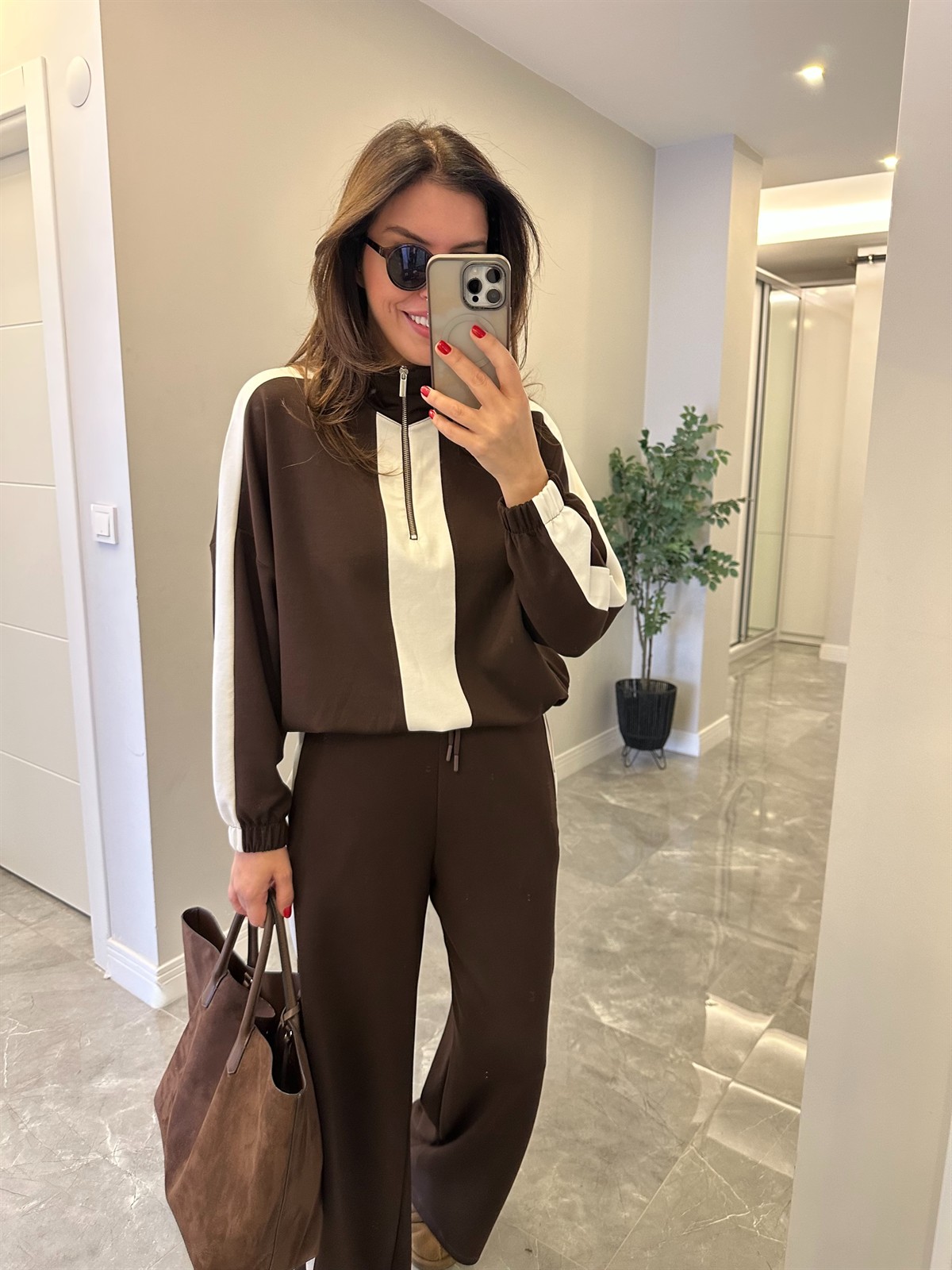 Fermuarlı Şerit Detay Bol Paça Takım - Kahverengi