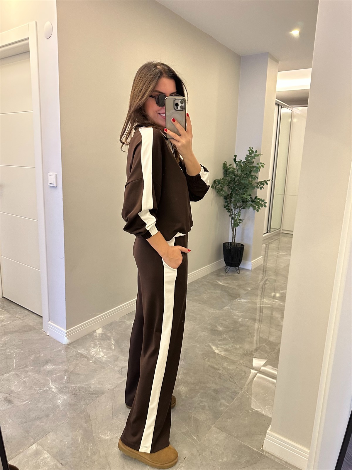 Fermuarlı Şerit Detay Bol Paça Takım - Kahverengi