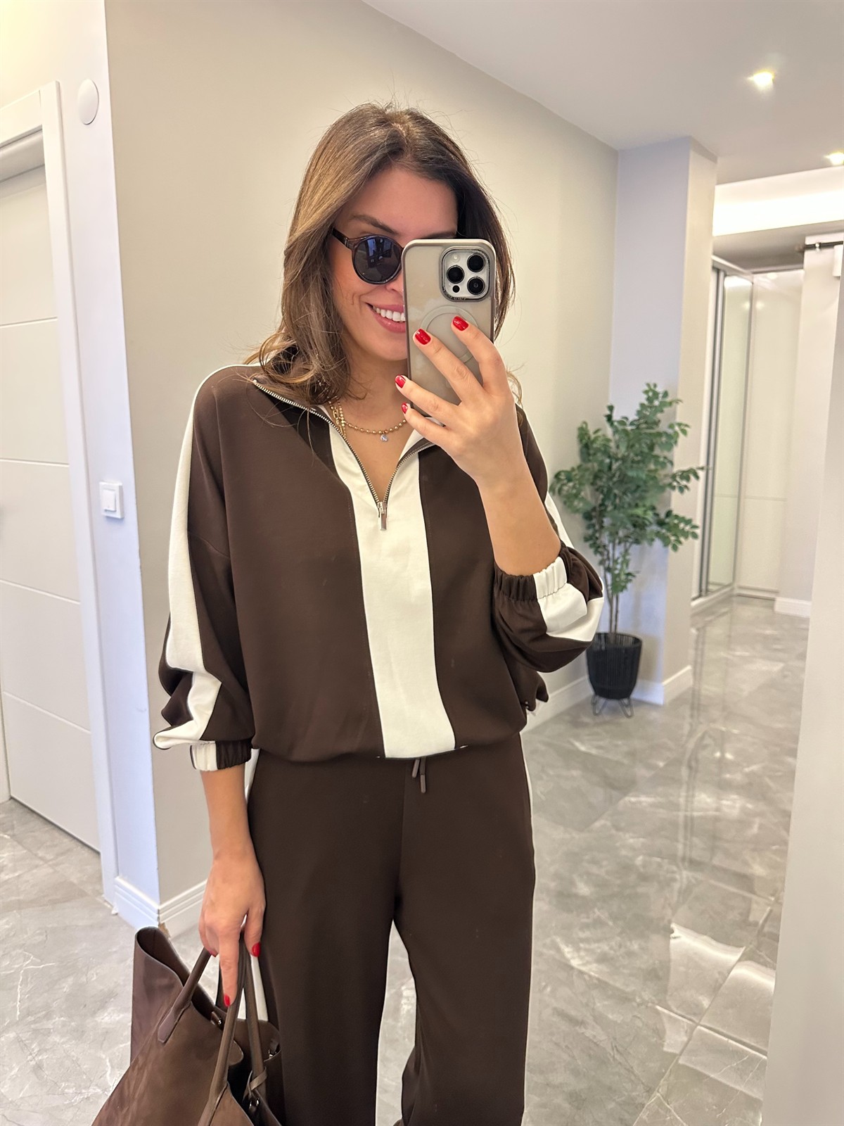 Fermuarlı Şerit Detay Bol Paça Takım - Kahverengi