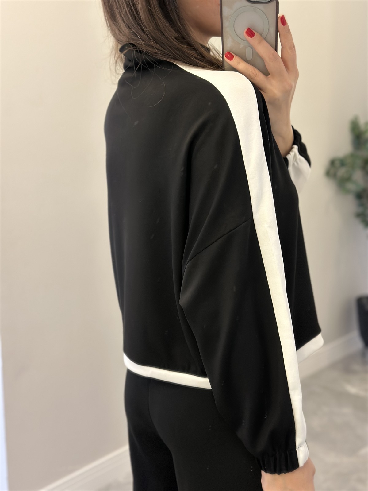 Fermuarlı Şerit Detay Bol Paça Takım - Siyah