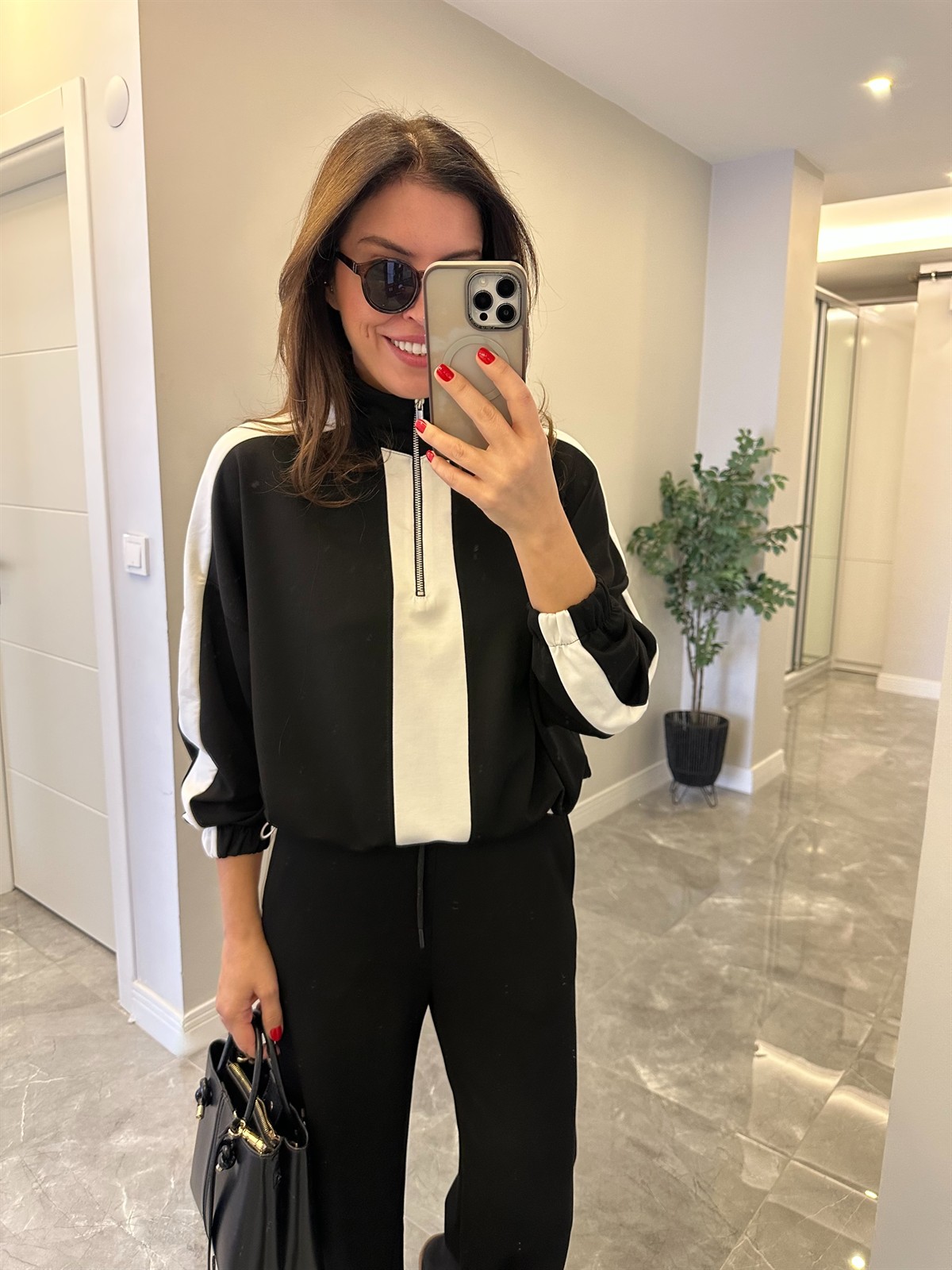 Fermuarlı Şerit Detay Bol Paça Takım - Siyah