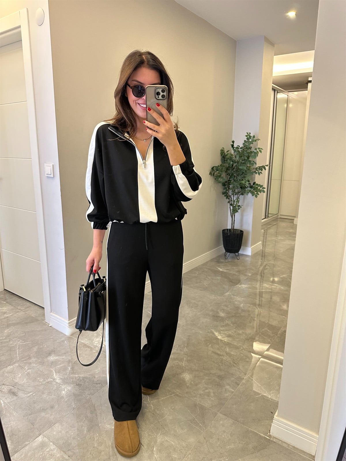 Fermuarlı Şerit Detay Bol Paça Takım - Siyah