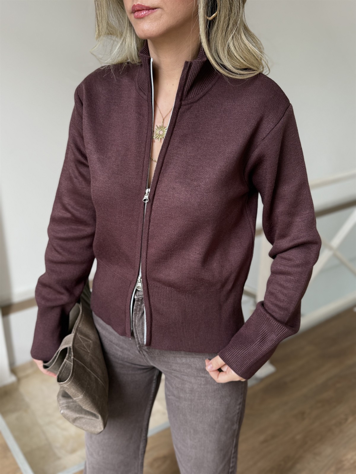 Fermuarlı Triko Hırka - Cherry