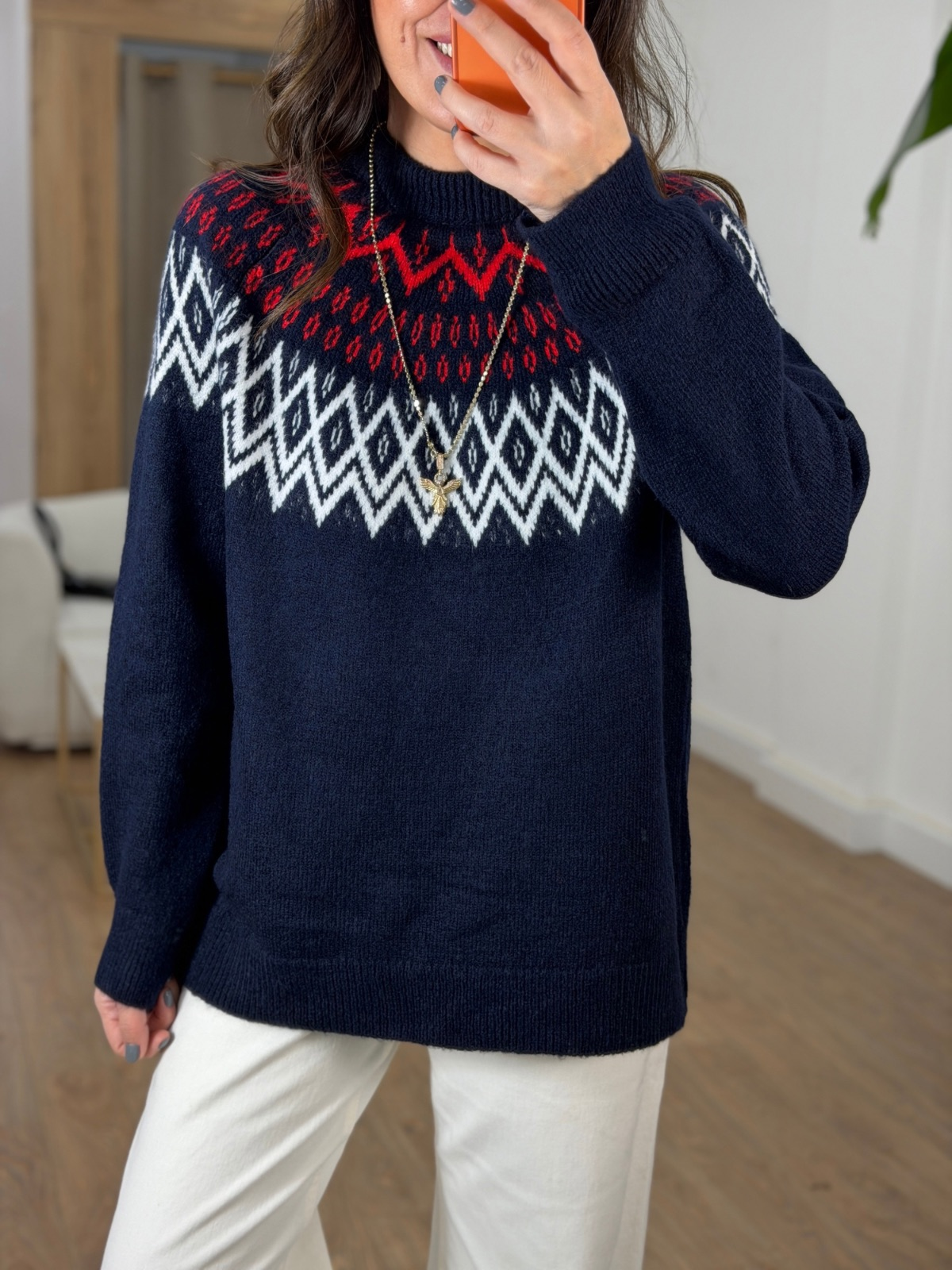 Bisiklet Yaka Etnik Desenli Kazak - Lacivert