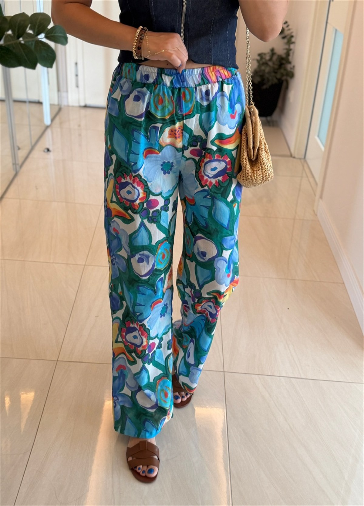 Beli Lastikli Renkli Vual Pantolon - Saks