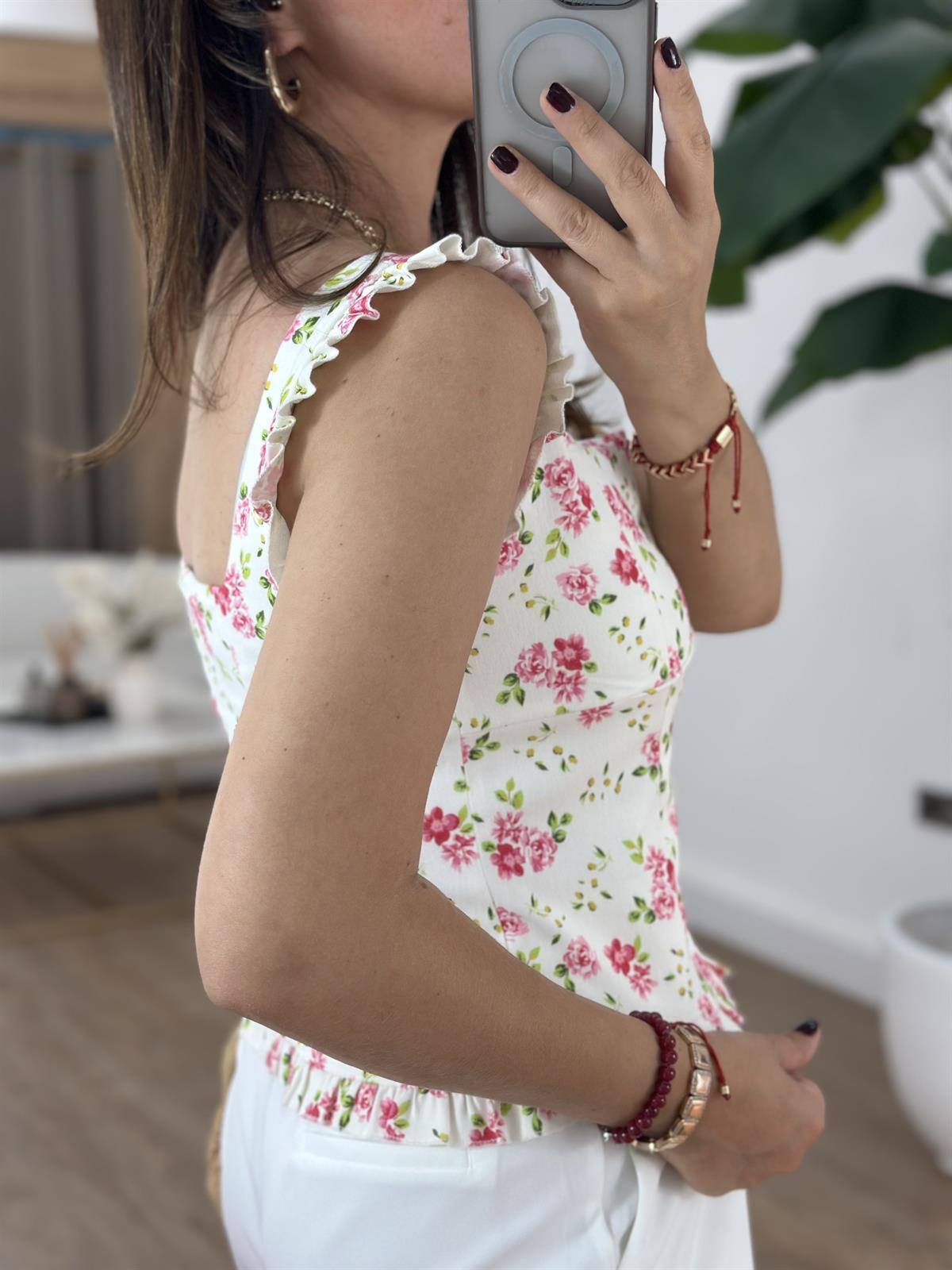 Fırfır Detaylı Çiçek Desenli Bluz 